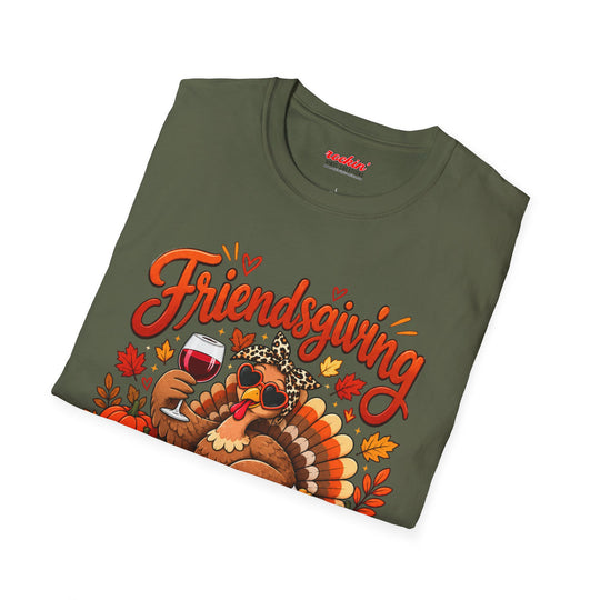 Friendsgiving Turkey Thanksgiving T-Shirt – Stuffed, Thankful &amp; Here for the Wine