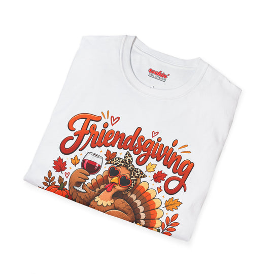 Friendsgiving Turkey Thanksgiving T-Shirt – Stuffed, Thankful &amp; Here for the Wine