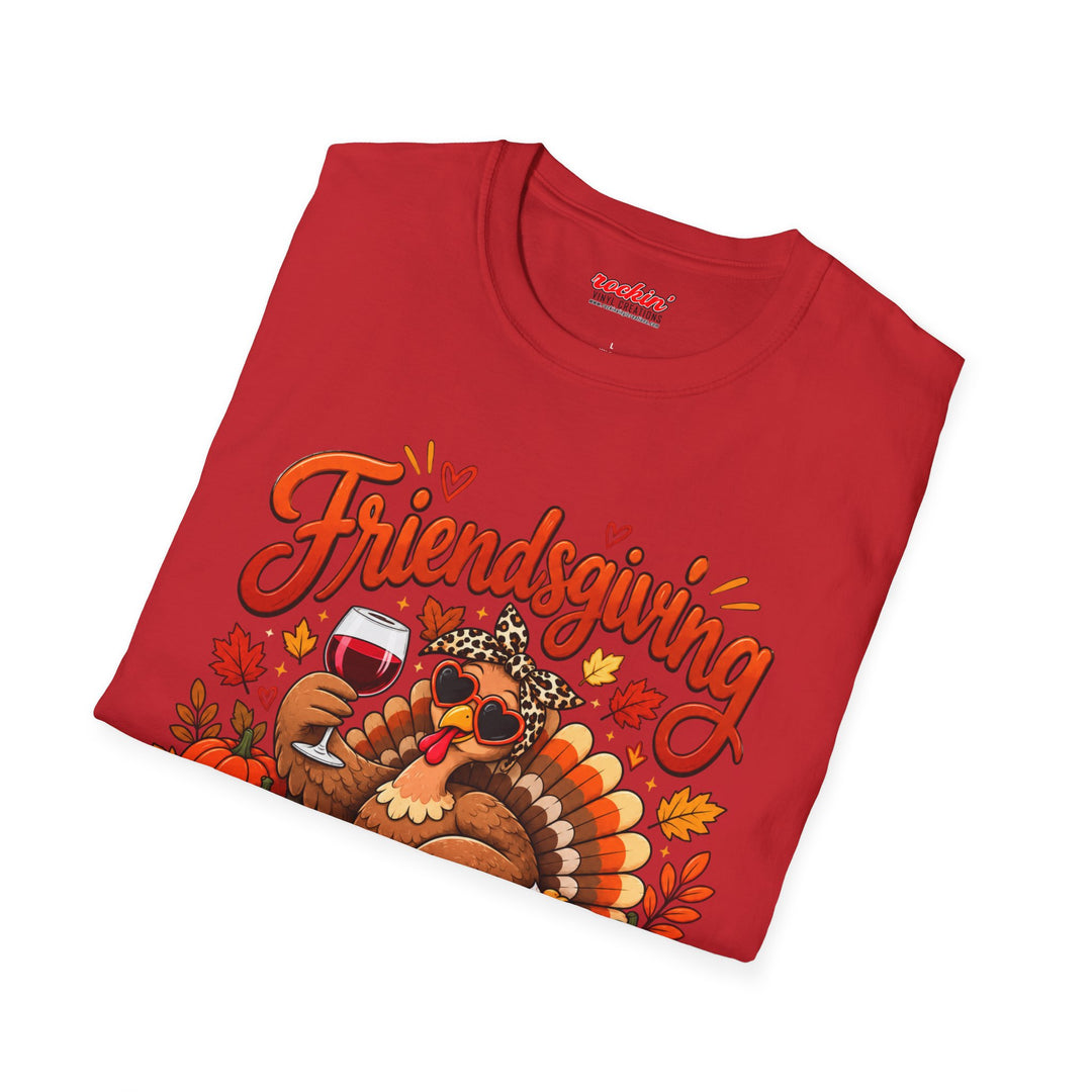 Friendsgiving Turkey Thanksgiving T-Shirt – Stuffed, Thankful &amp; Here for the Wine