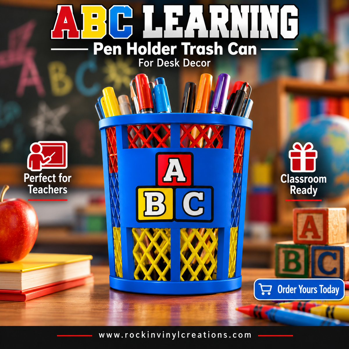 ABC Learning trash-can-style pen holder