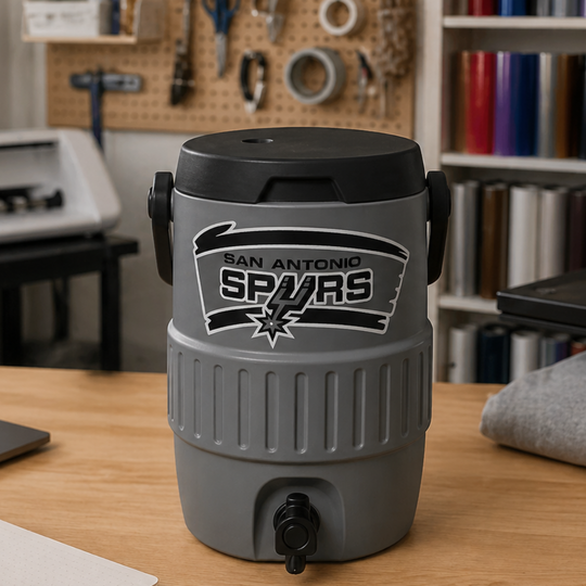 Gray water cooler jug with San Antonio Spurs logo on a desk in a workshop setting.