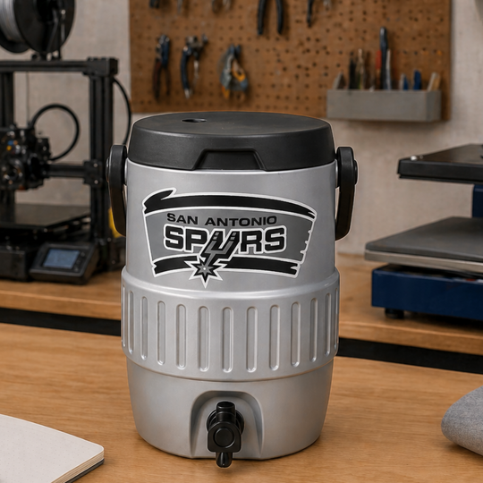 Silver water dispenser with San Antonio Spurs logo on a wooden desk in a workshop setting.