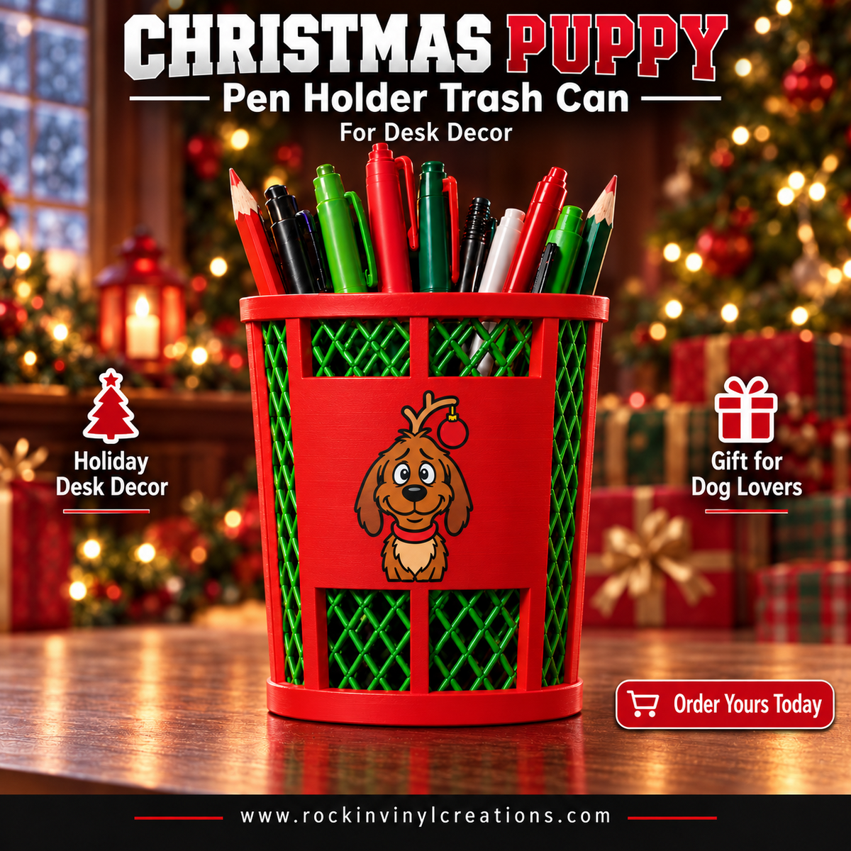 Christmas Puppy trash-can-style pen holder