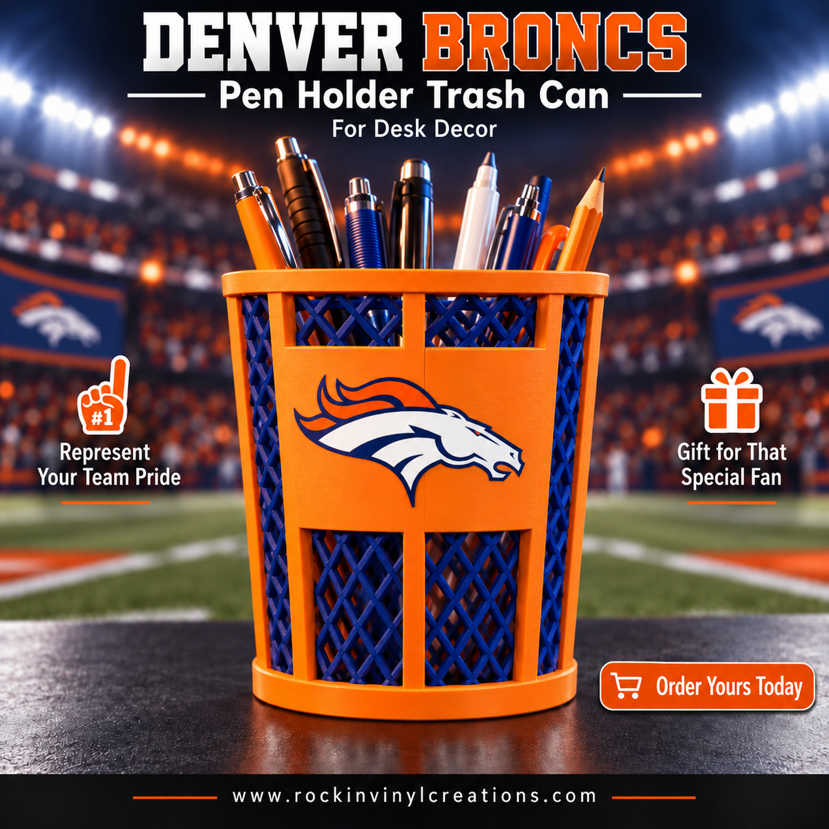 Denver Broncos trash-can-style pen holder