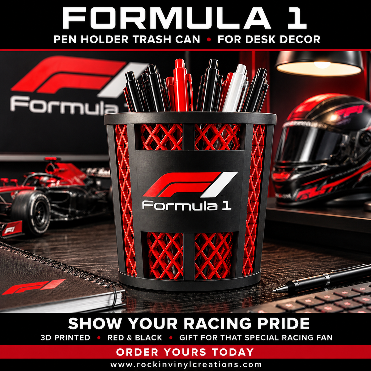 Formula 1 trash-can-style pen holder