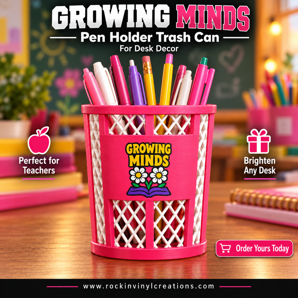 Growing Minds trash-can-style pen holder