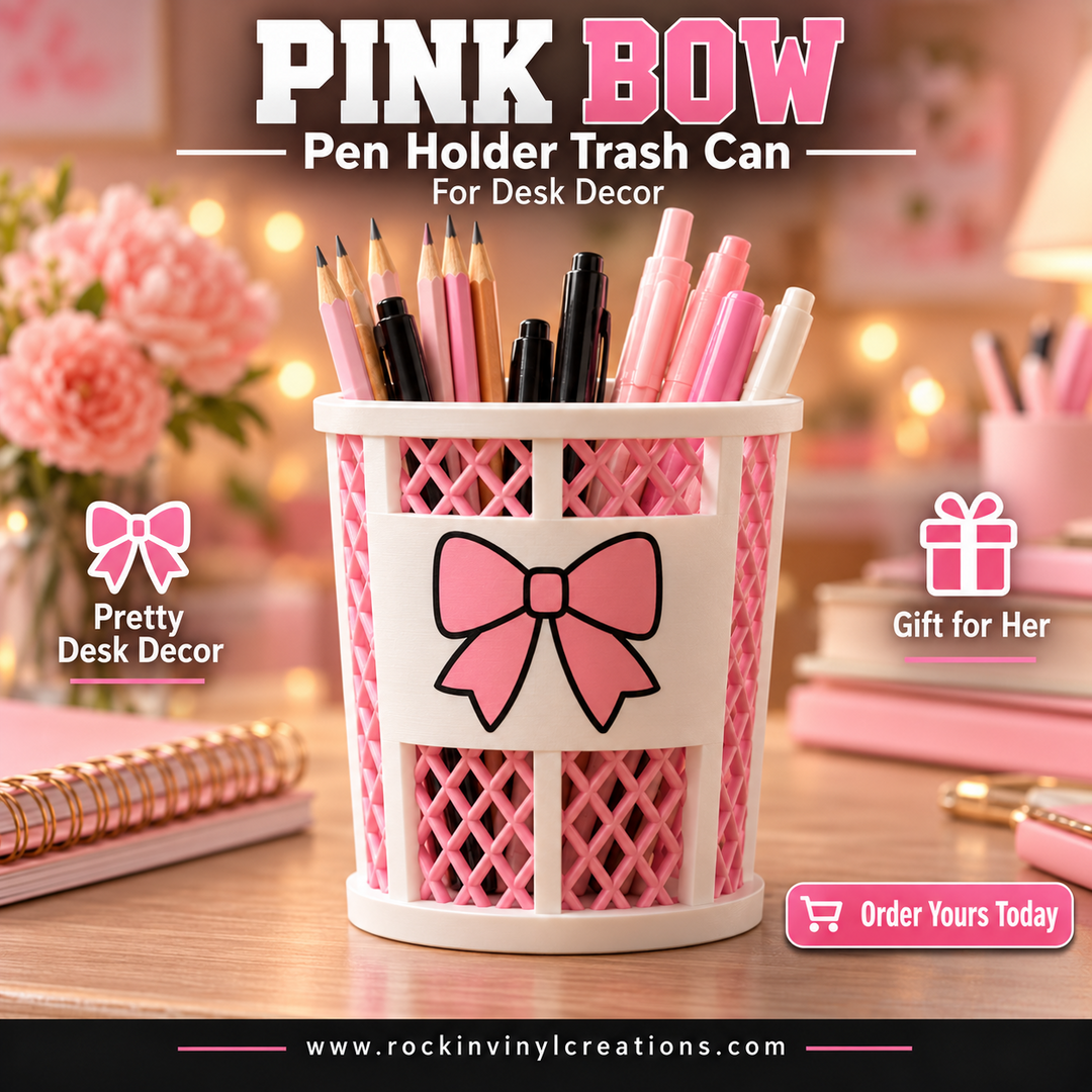 Pink Bow trash-can-style pen holder