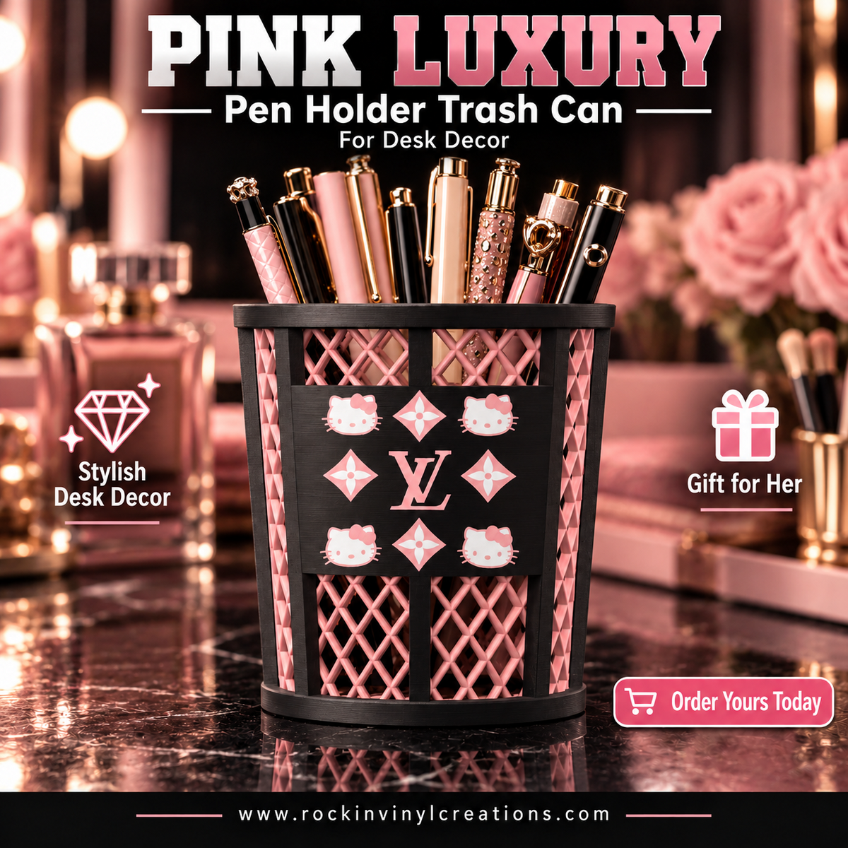 Pink Luxury trash-can-style pen holder