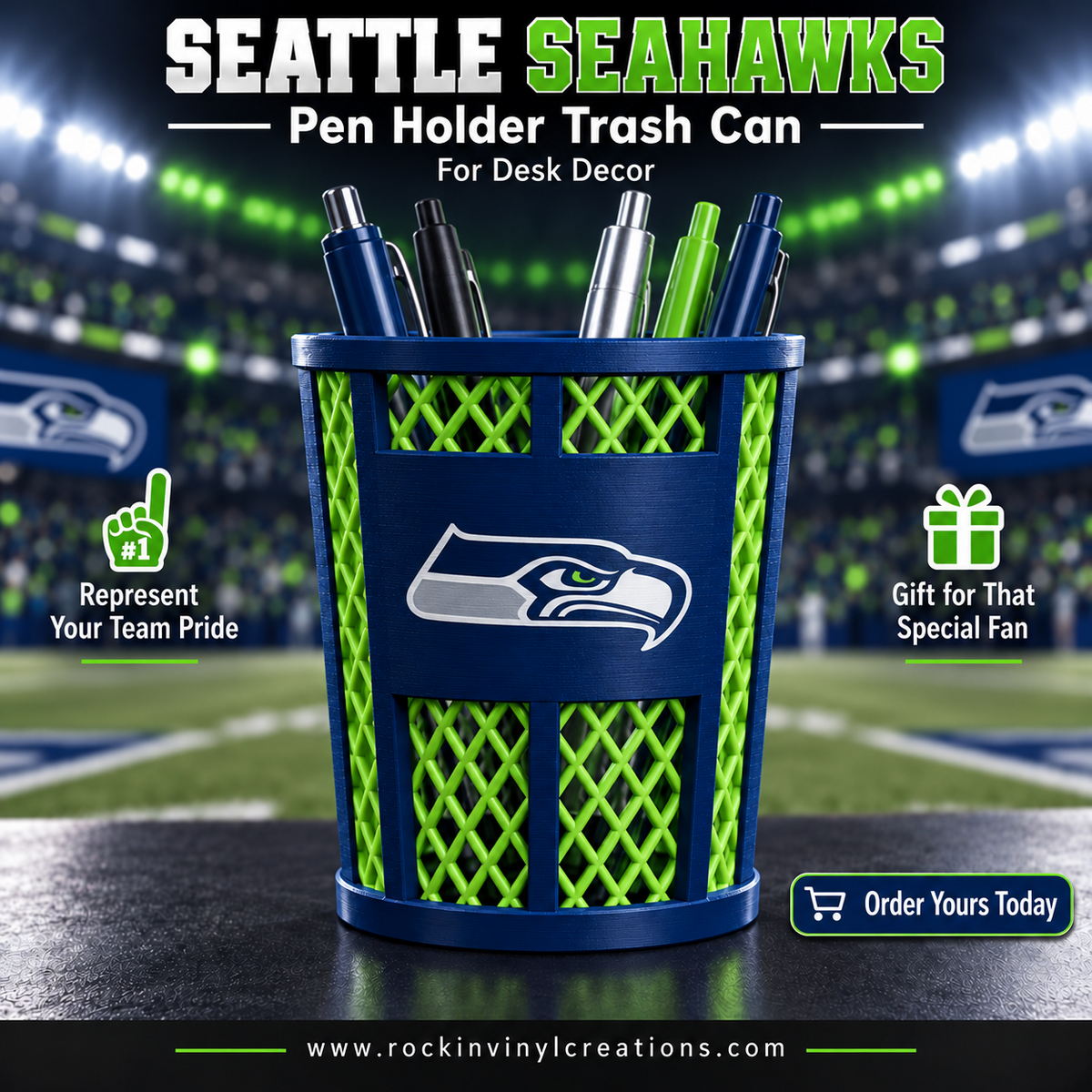 Seattle Seahawks trash-can-style pen holder