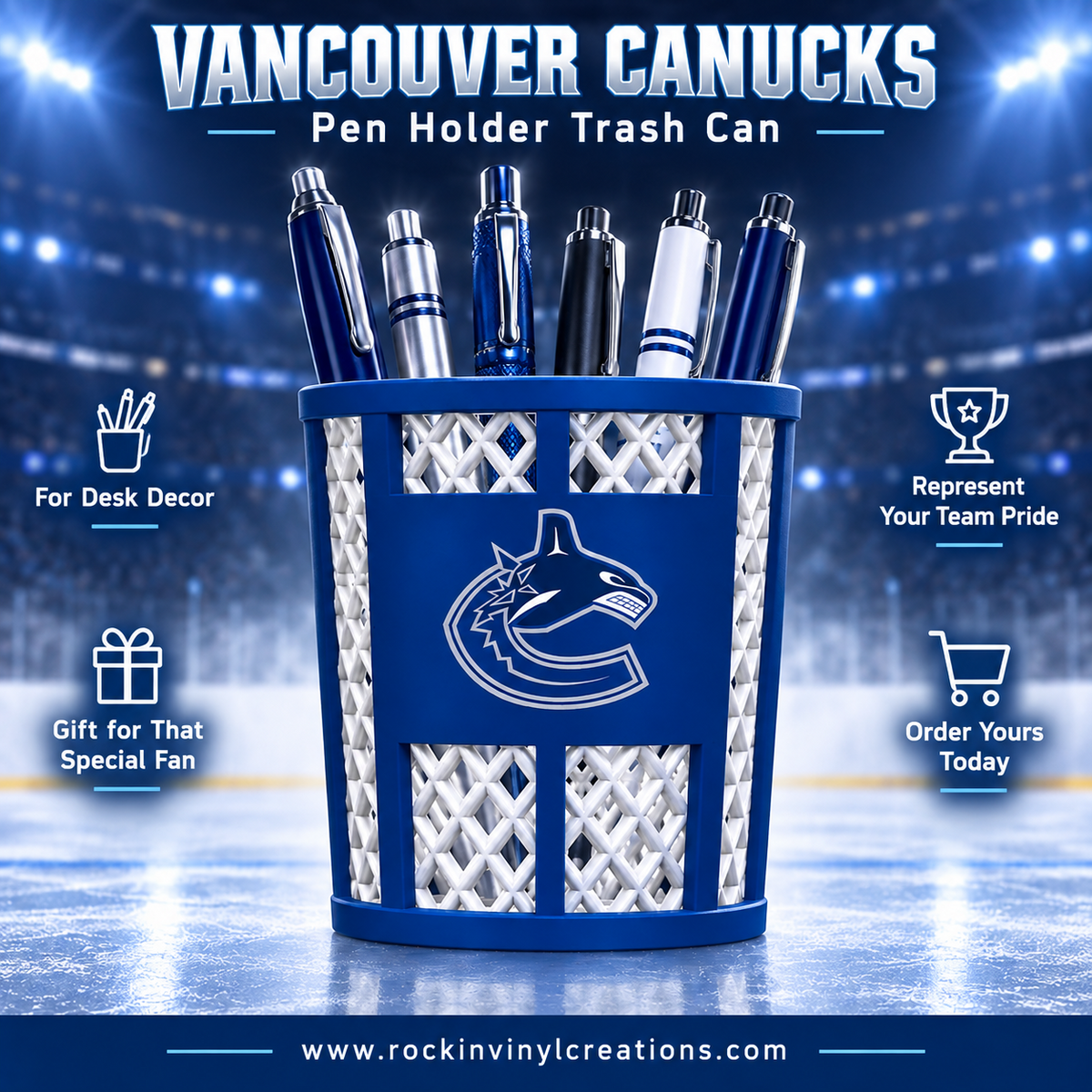 Vancouver Canucks trash-can-style pen holder