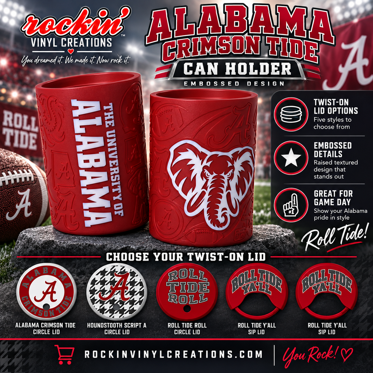 Alabama Crimson Tide red and white can holder with five lid options