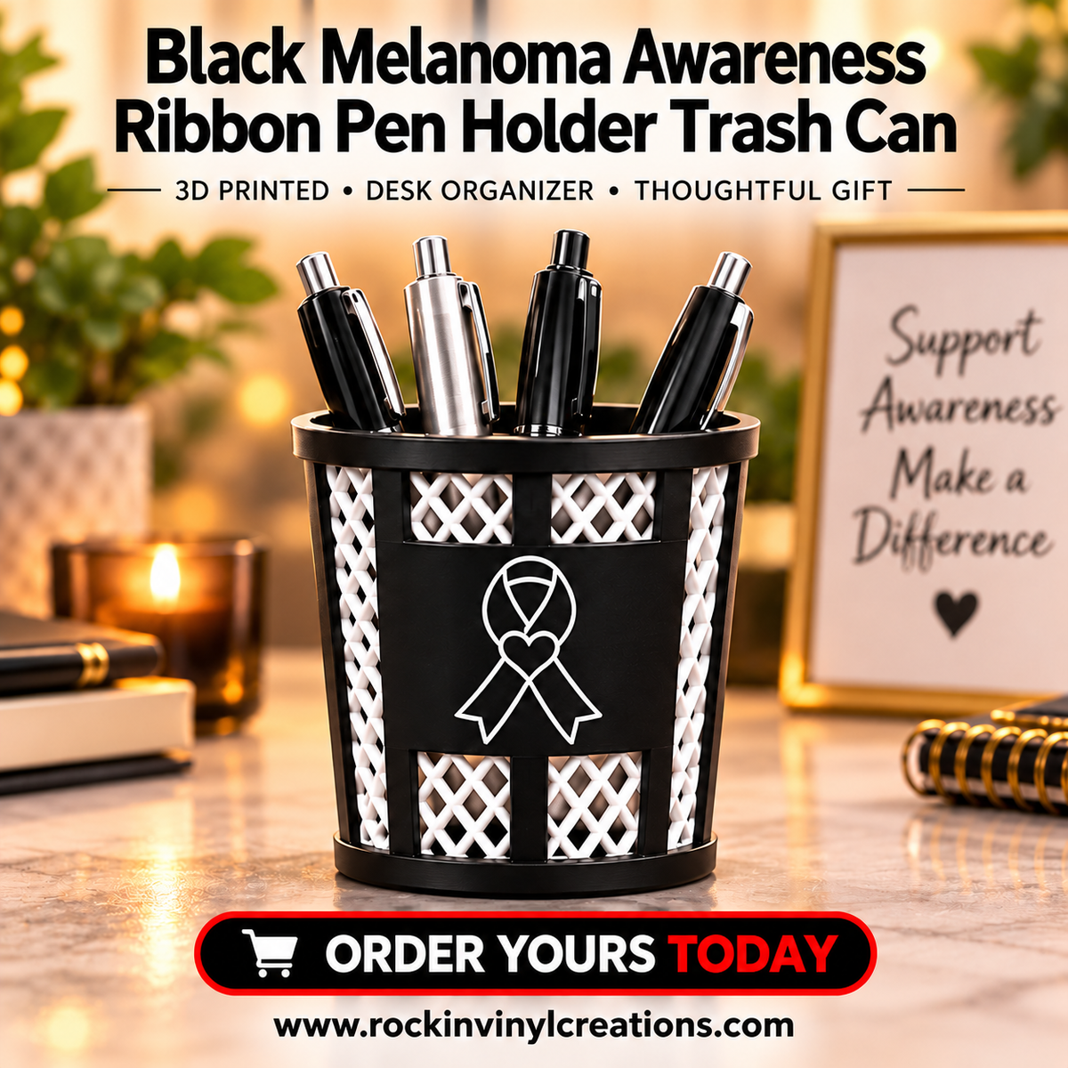 Black Melanoma Awareness Ribbon Pen Holder Trash Can