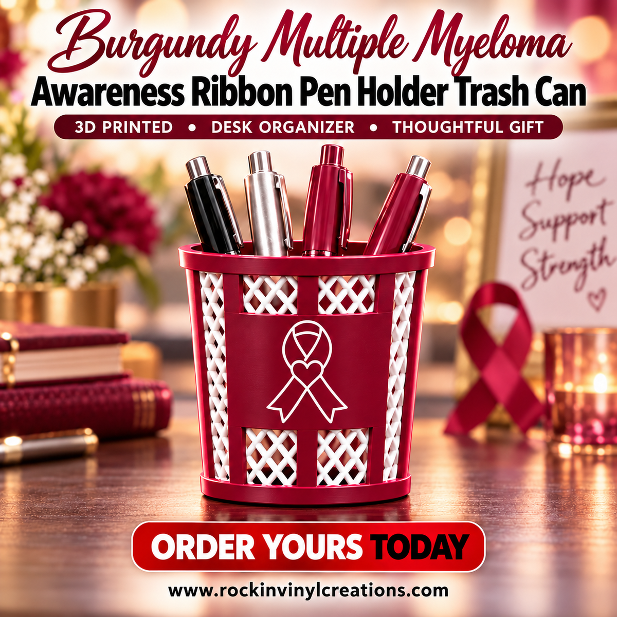 Burgundy Multiple Myeloma Awareness Ribbon Pen Holder Trash Can