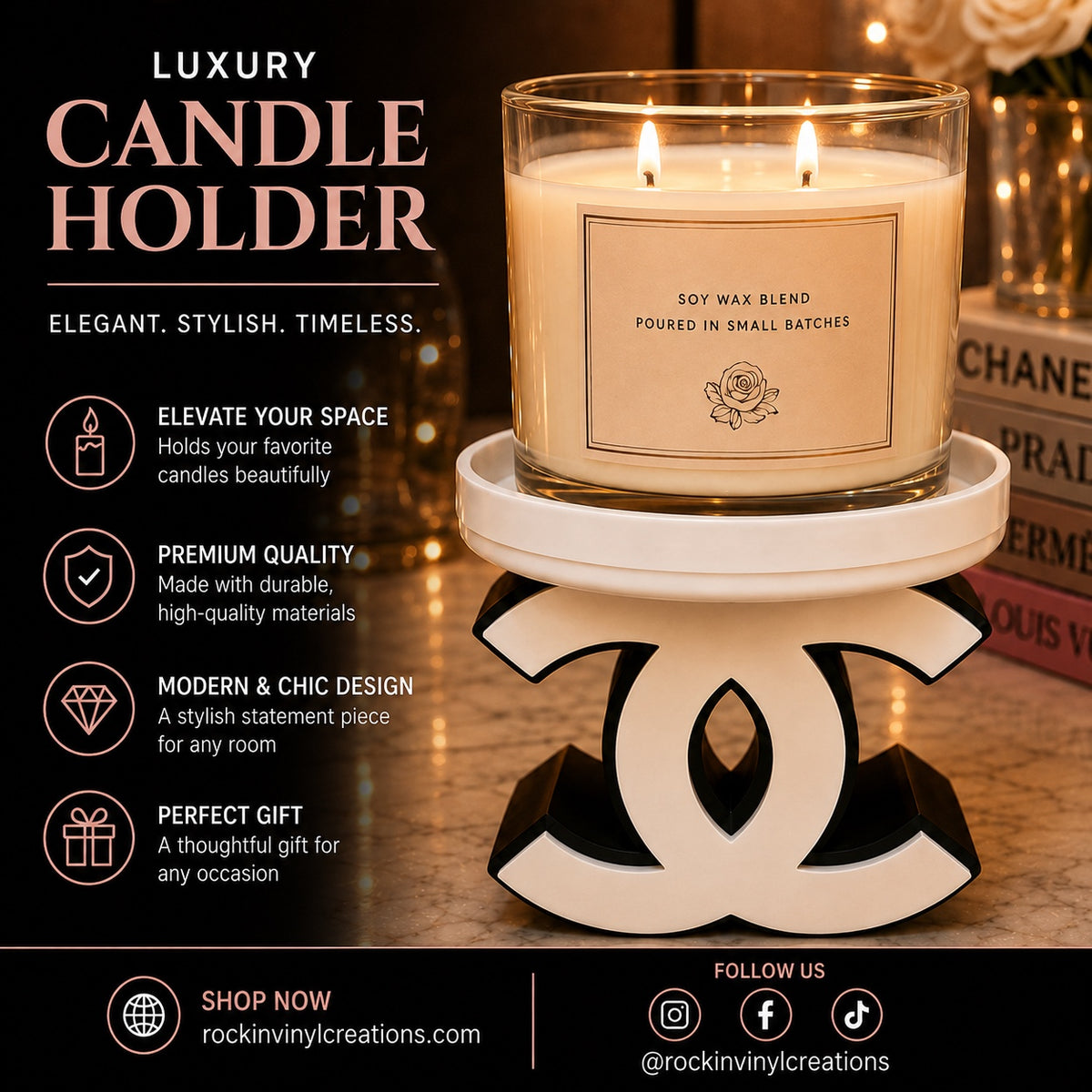 Chanel-inspired candle holder in cream and black
