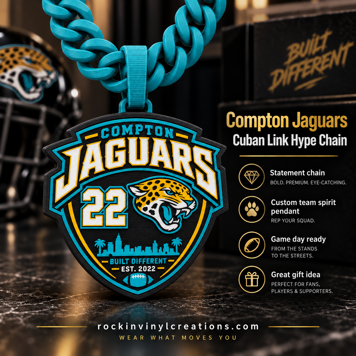 Compton Jaguars Cuban link hype chain with teal links and number 22 pendant