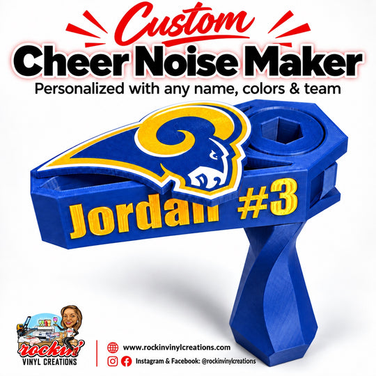 Custom cheer noise maker with blue and yellow team design and personalized name