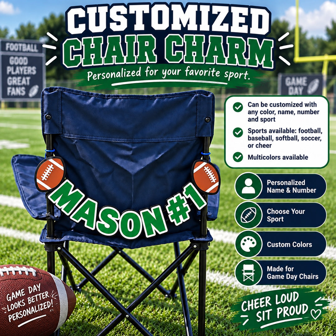 Customized chair charm with Mason number 1 in green and white on a navy game-day chair