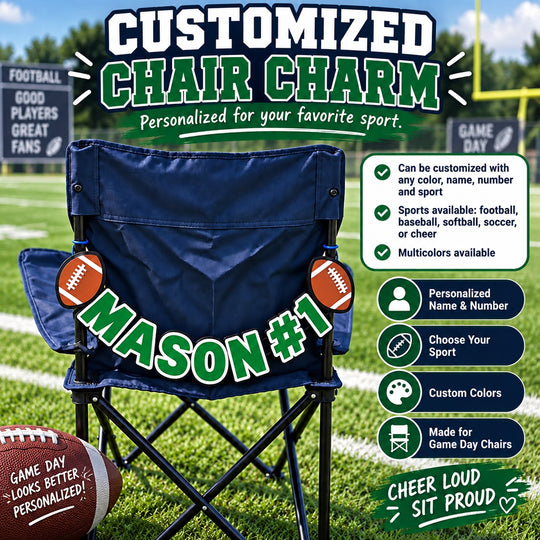 Customized chair charm with Mason number 1 in green and white on a navy game-day chair