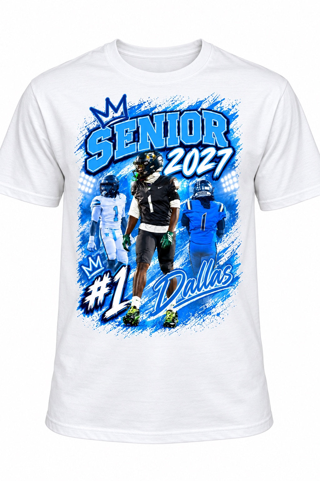 White Dallas Senior 2027 number 1 football shirt with blue photo collage