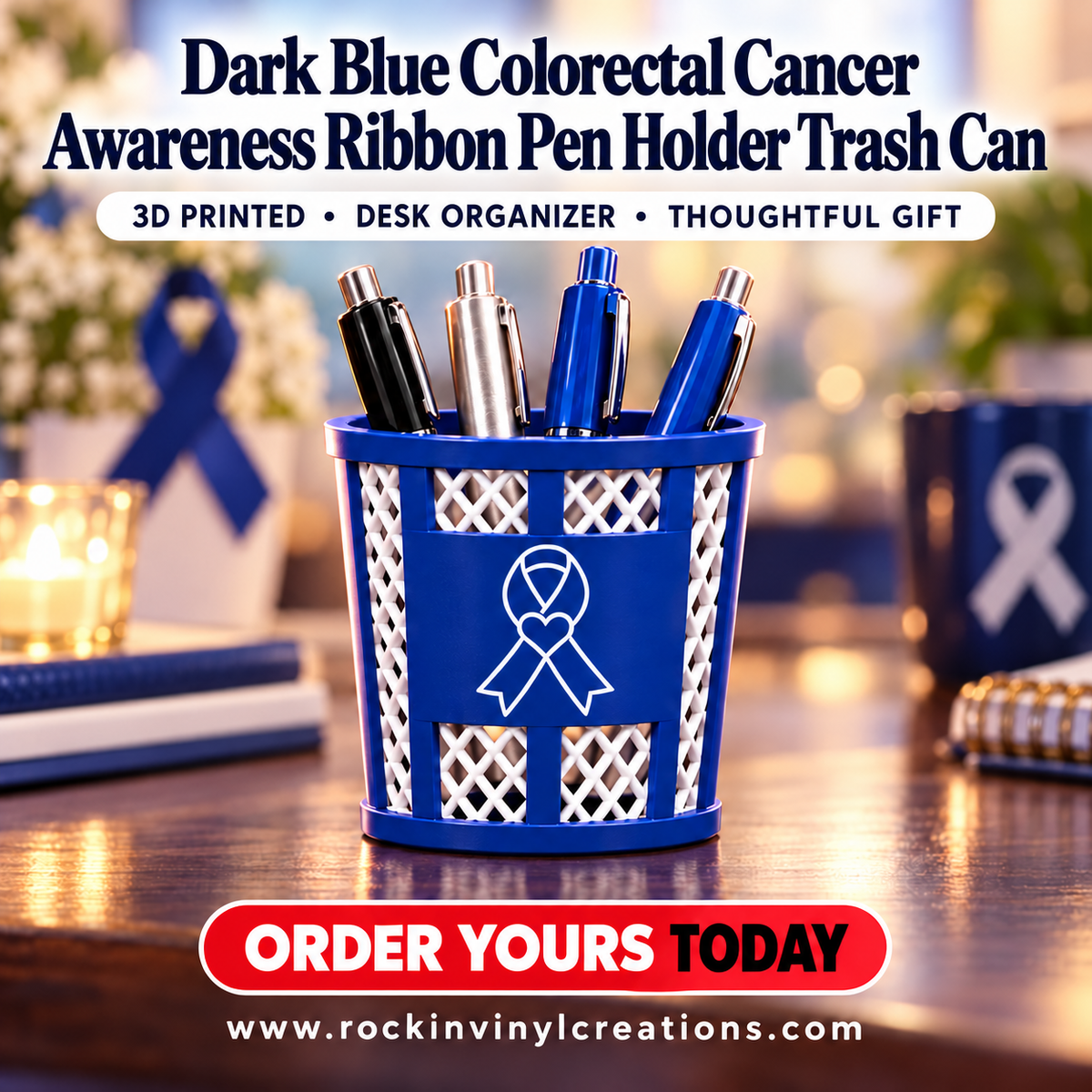 Dark Blue Colon Cancer Awareness Ribbon Pen Holder Trash Can
