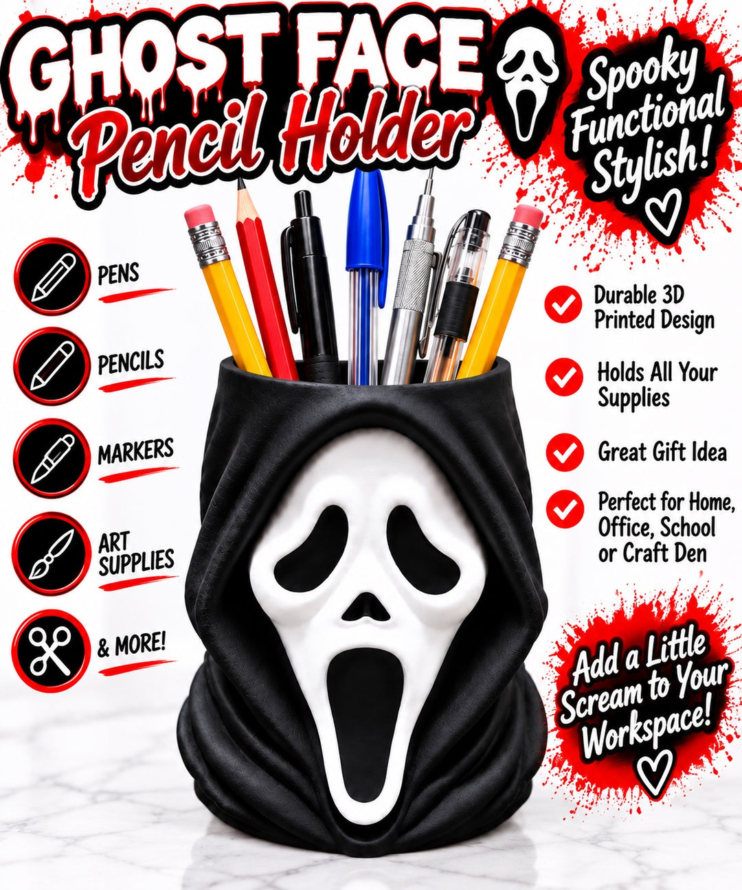Black and white Ghost Face pencil holder with pens and pencils