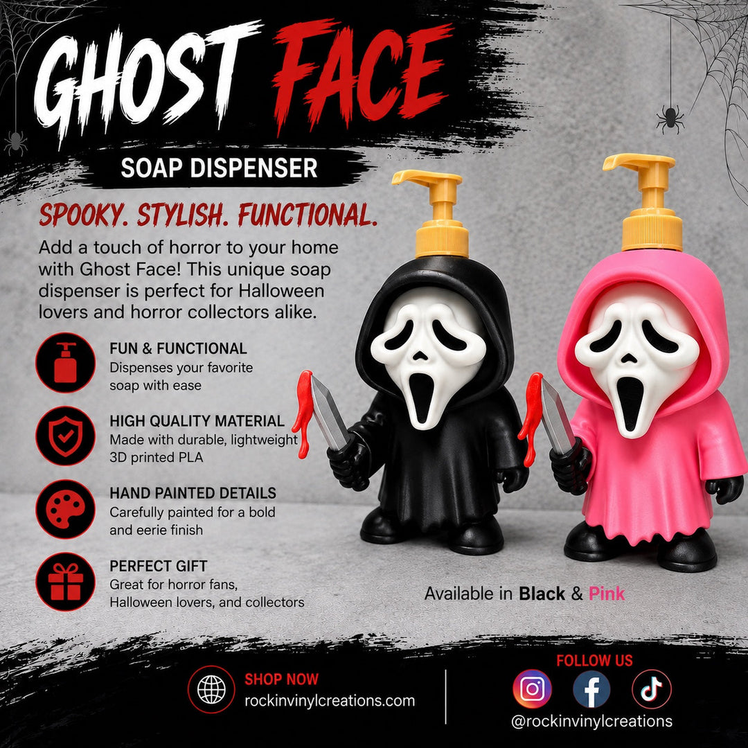 Ghost Face soap dispensers available in black and pink