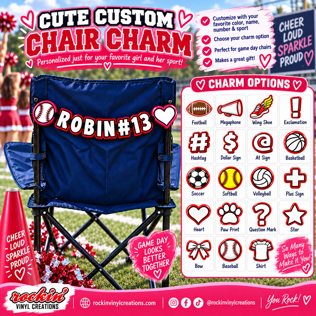 Girls custom sports chair charm with name, number, team colors and charm options