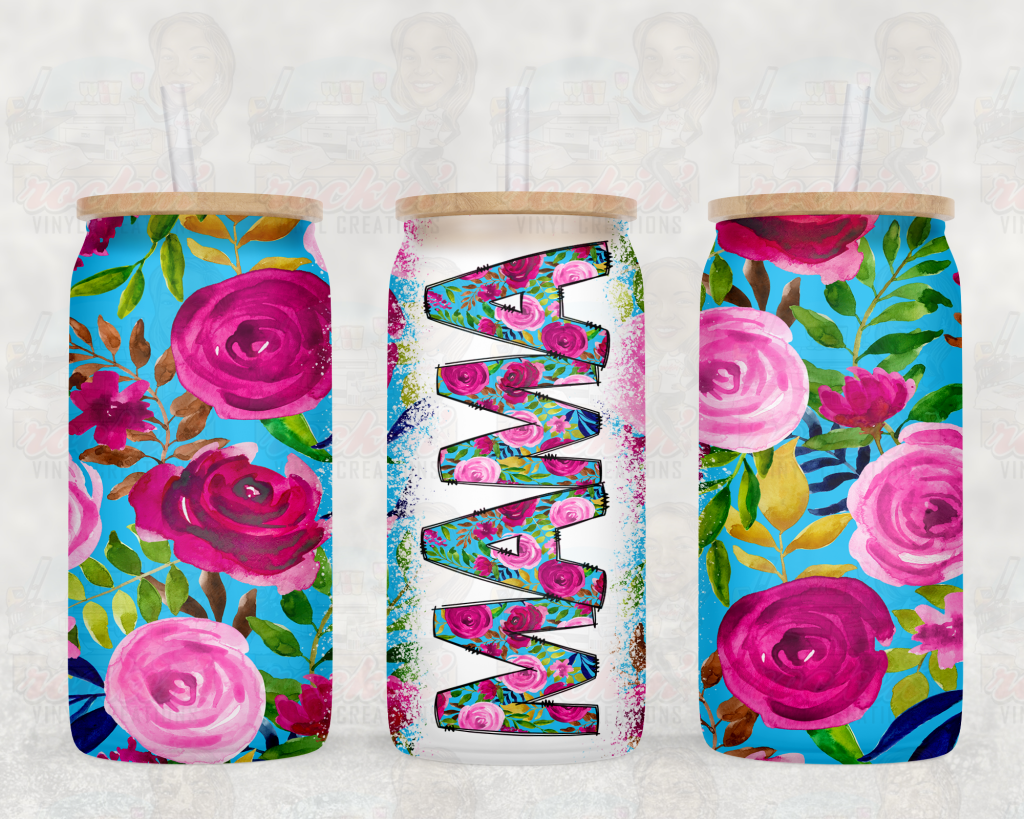 Glass Jar 12Oz | Rockin Vinyl Creations Mama Flowers Drinkware