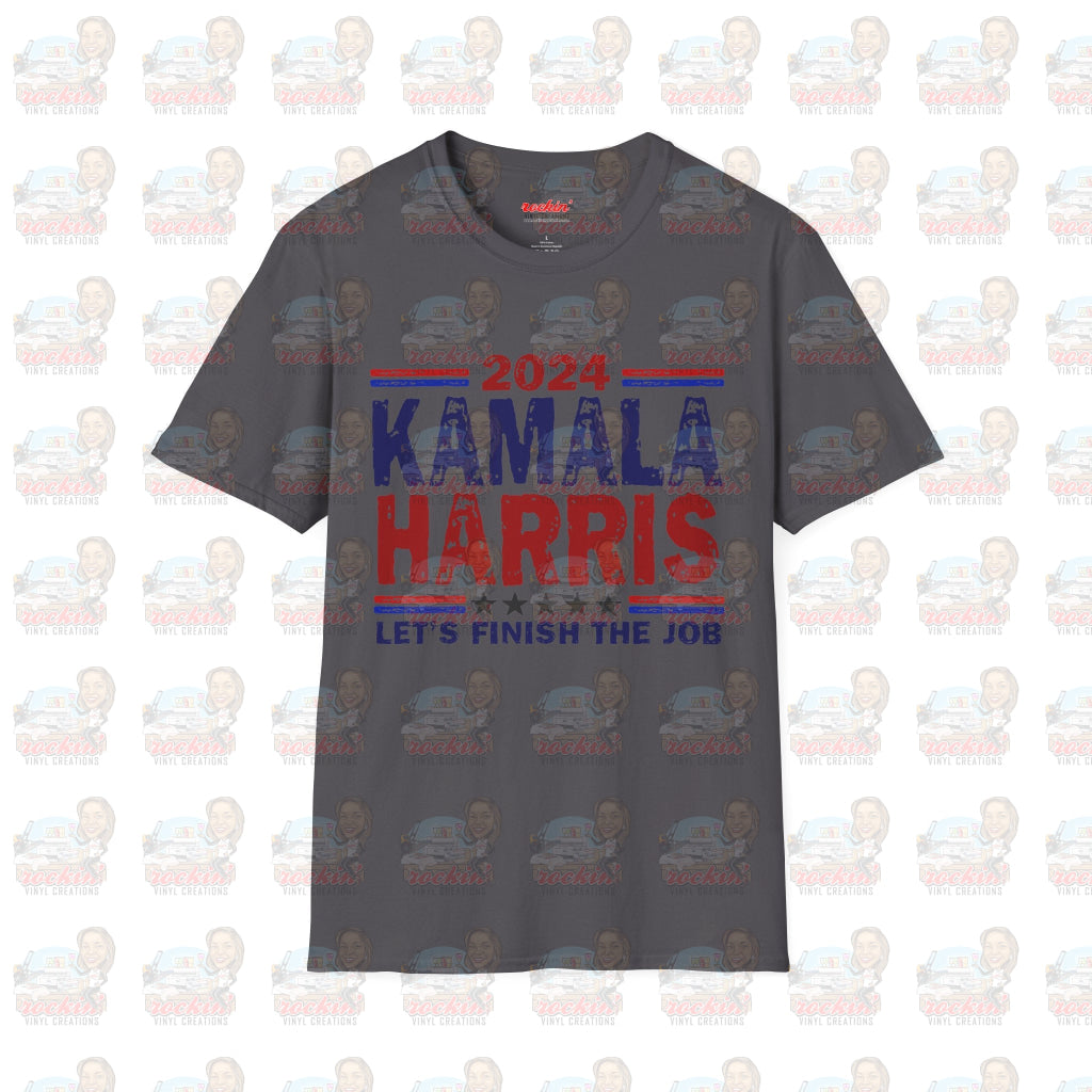 Kamala Finish The Job Unisex Softstyle T-Shirt | Rockin’ Vinyl Creations Charcoal / S