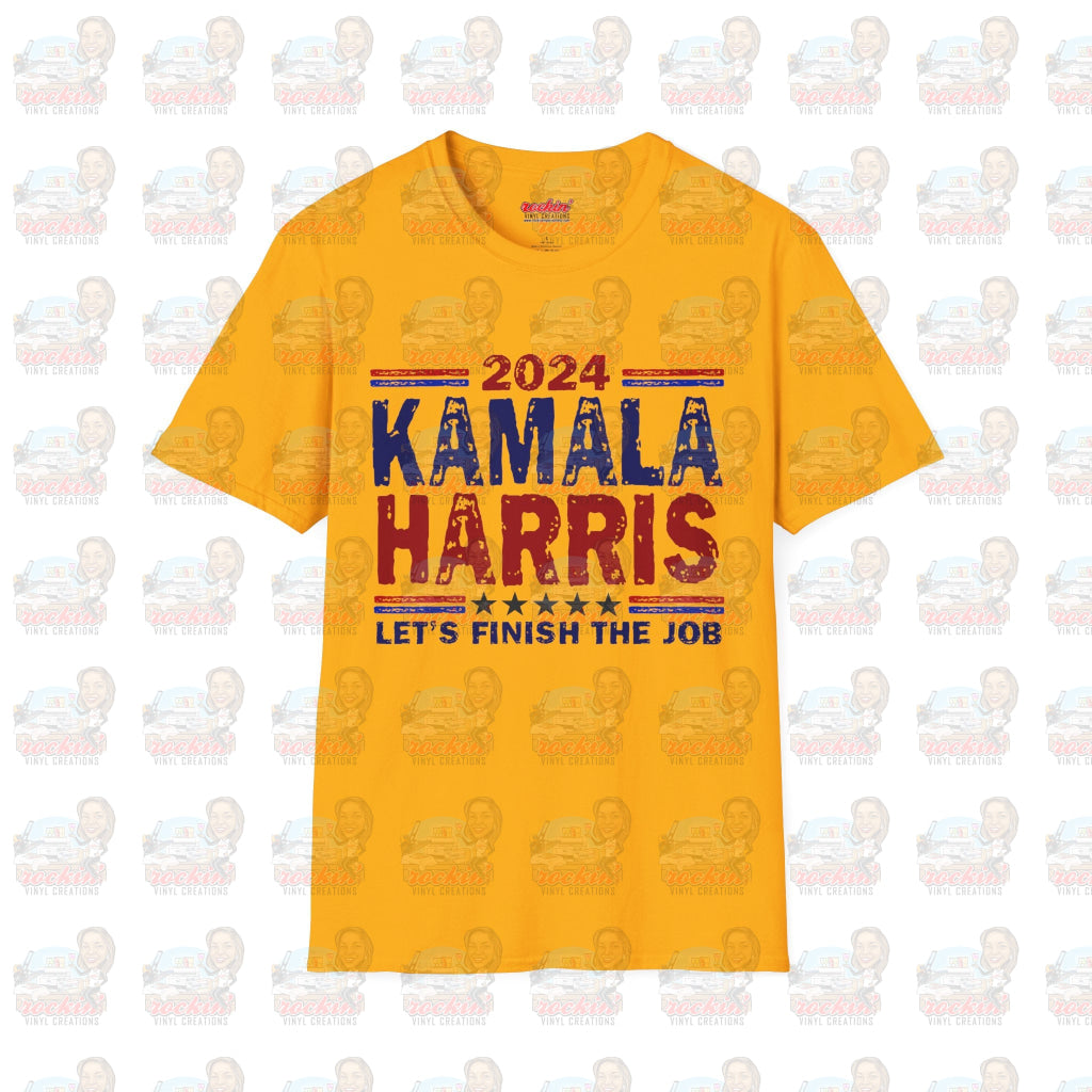 Kamala Finish The Job Unisex Softstyle T-Shirt | Rockin’ Vinyl Creations Gold / S