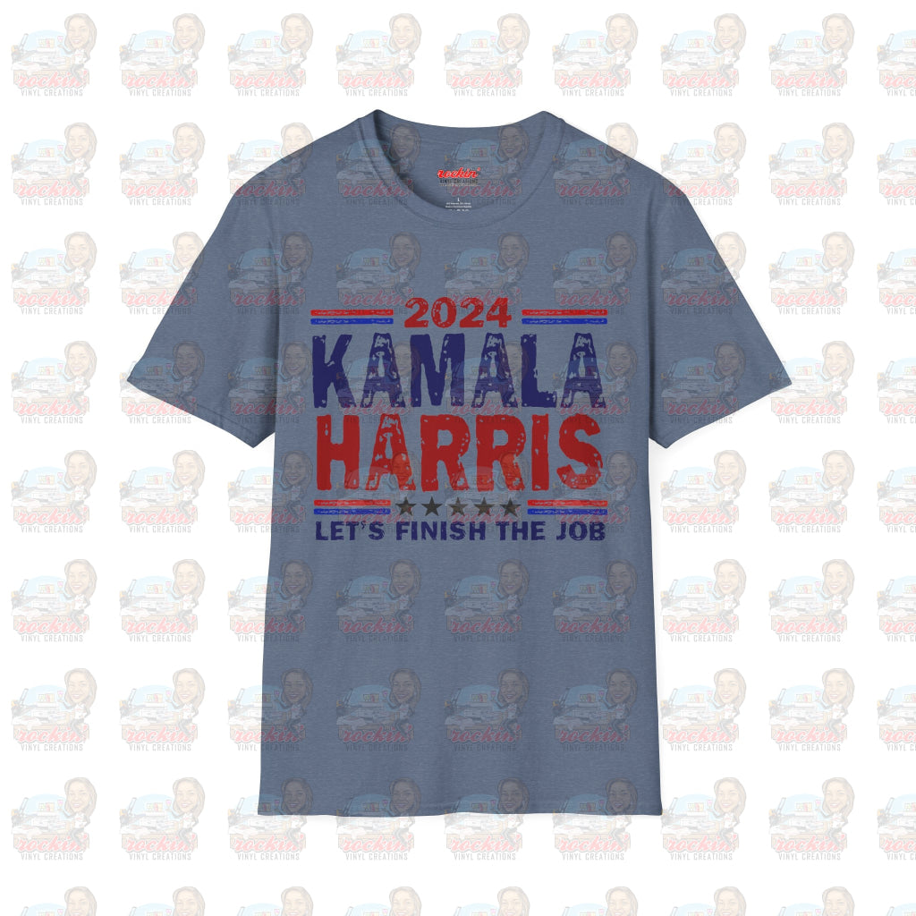 Kamala Finish The Job Unisex Softstyle T-Shirt | Rockin’ Vinyl Creations Heather Indigo / S