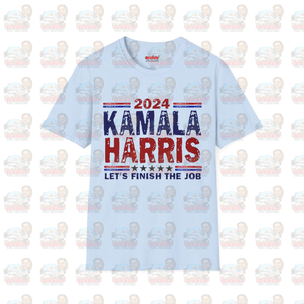 Kamala Finish The Job Unisex Softstyle T-Shirt | Rockin’ Vinyl Creations Light Blue / S