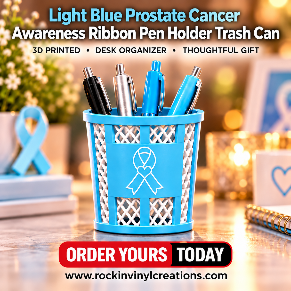Light Blue Prostate Cancer Awareness Ribbon Pen Holder Trash Can