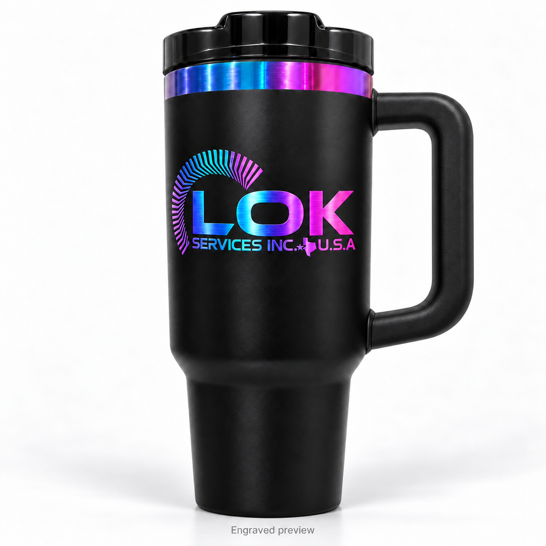 LOK Services 40 oz black handled tumbler with rainbow-engraved logo matching the metallic rim, digital preview