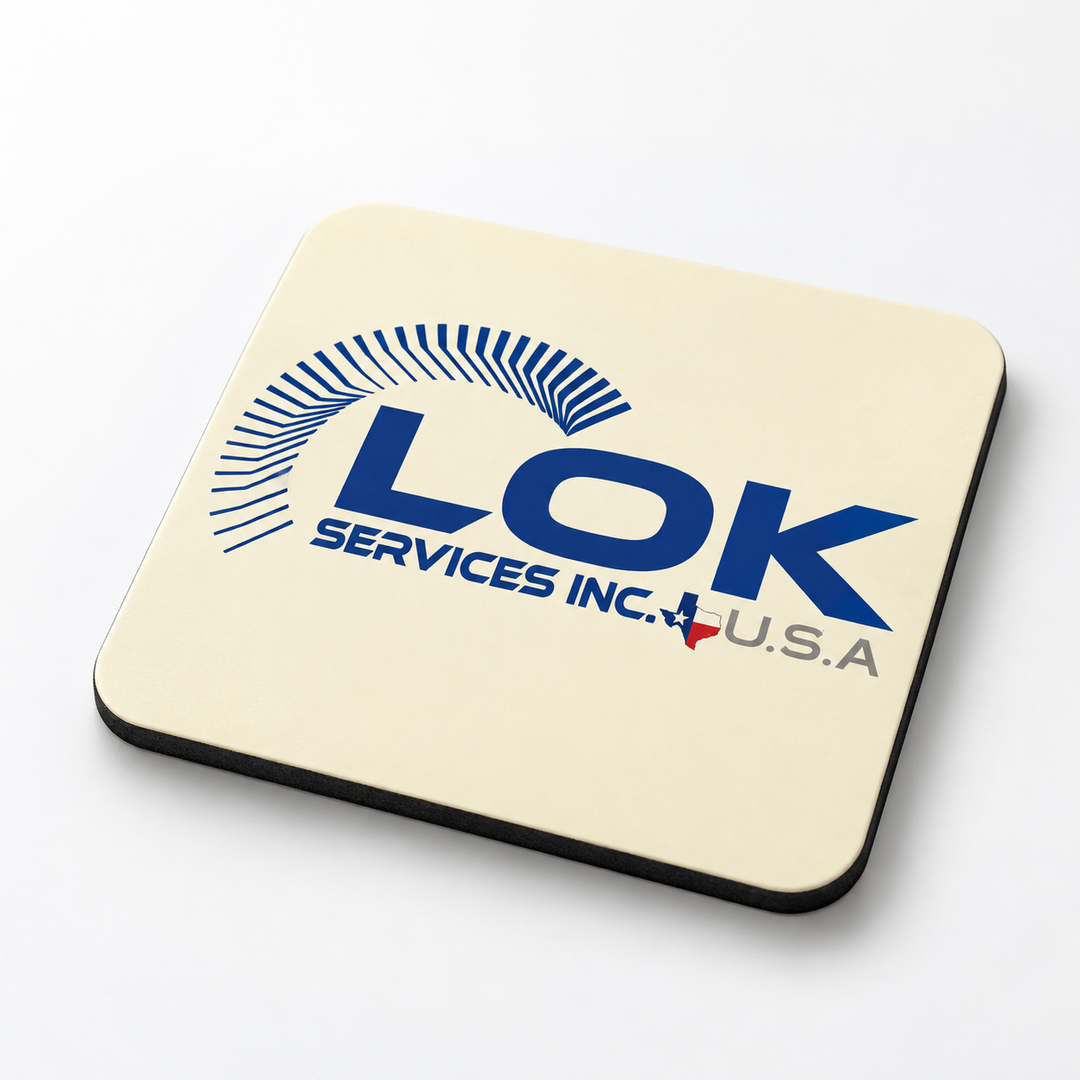 LOK Services square coaster with dark blue company logo and cream face