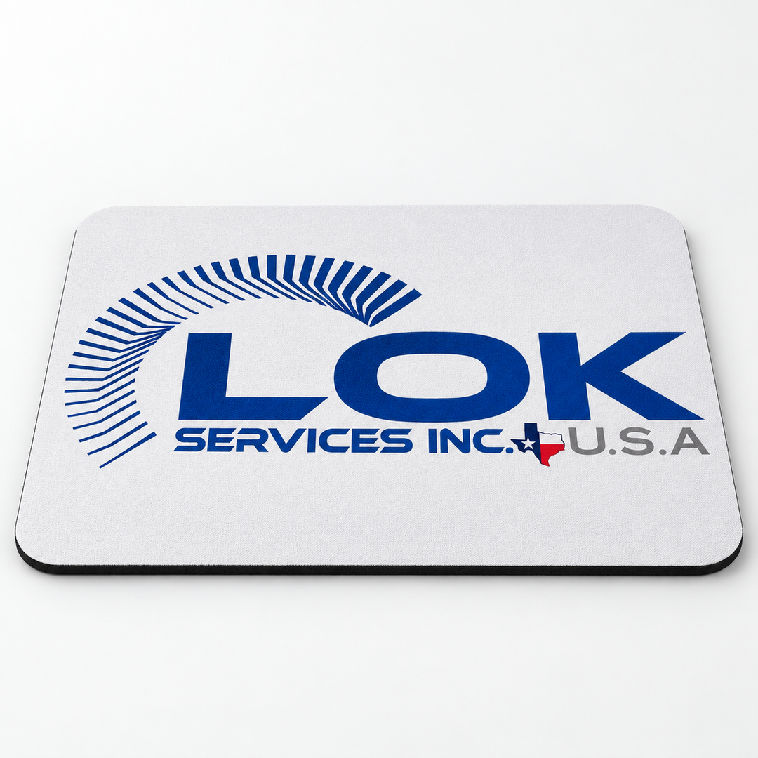 LOK Services mouse pad with dark blue company logo