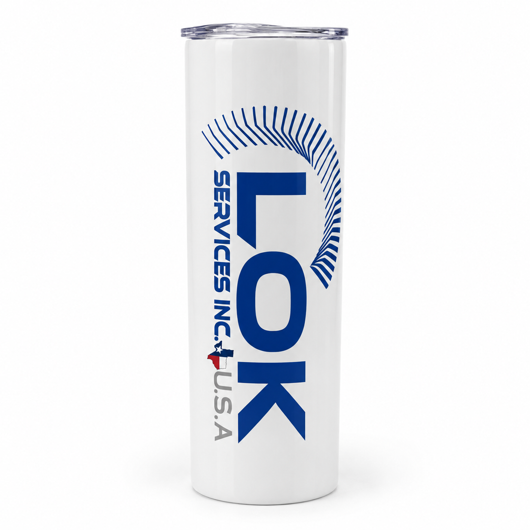 White LOK Services skinny tumbler with dark blue vertical logo and clear lid
