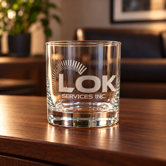 Single LOK Services engraved whiskey glass on walnut sideboard