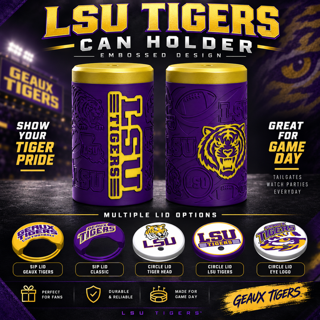 LSU Tigers purple and gold can holder with lid options