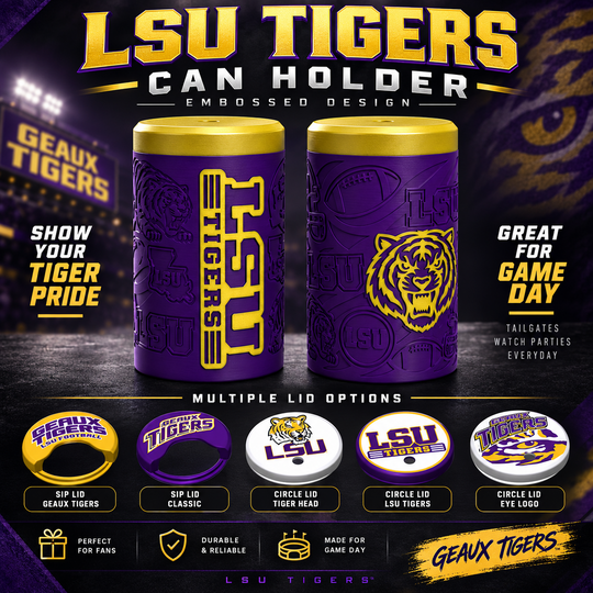 LSU Tigers purple and gold can holder with lid options
