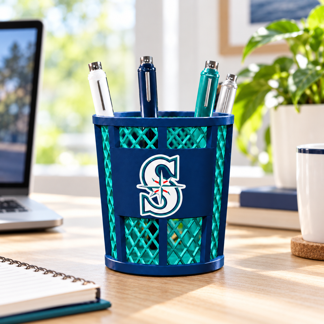 Seattle Mariners pen holder on home office desk