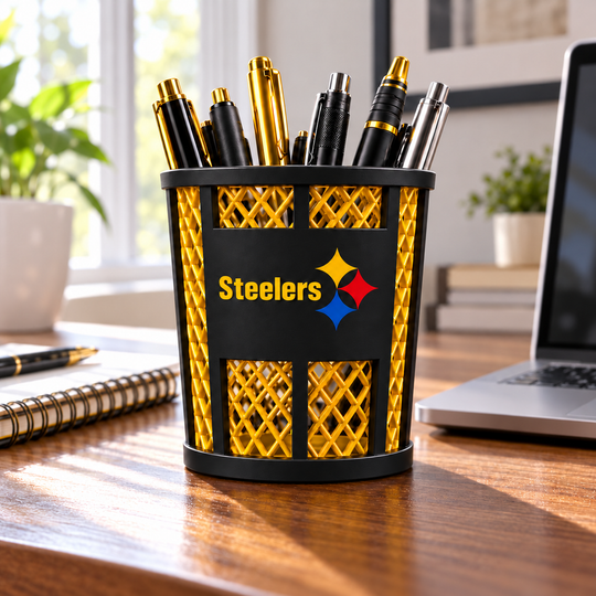 Pittsburgh Steelers pen holder with yellow Steelers lettering