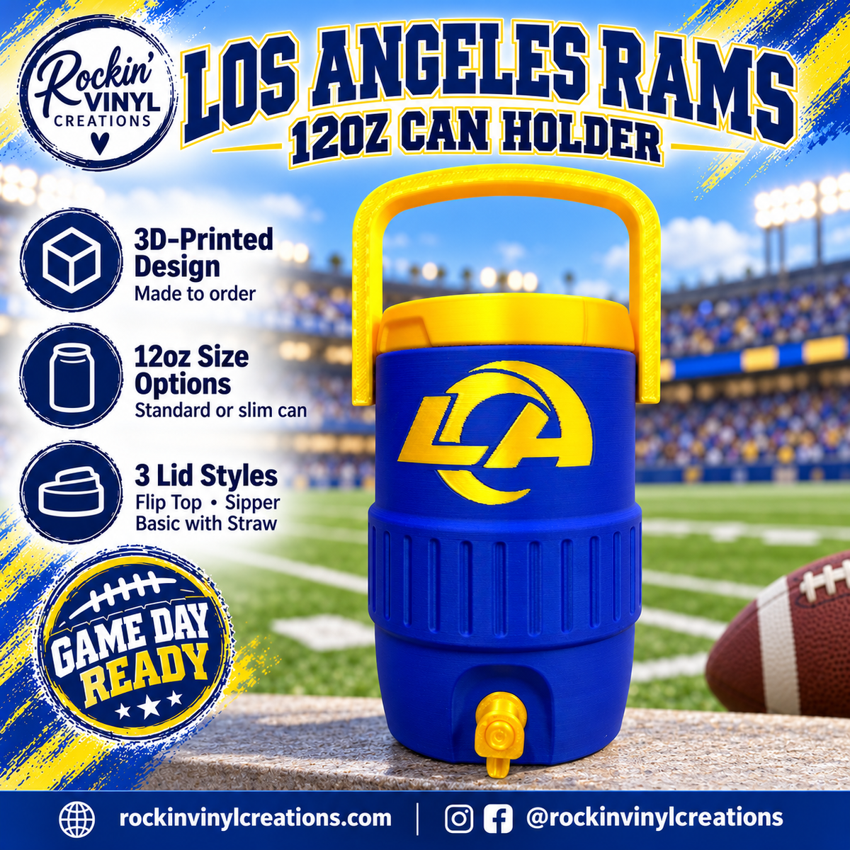 Blue and yellow Rams 12oz can holder on a football field with size options and three lid styles by Rockin' Vinyl Creations