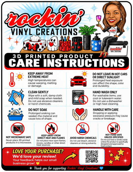 3D printed item care instructions