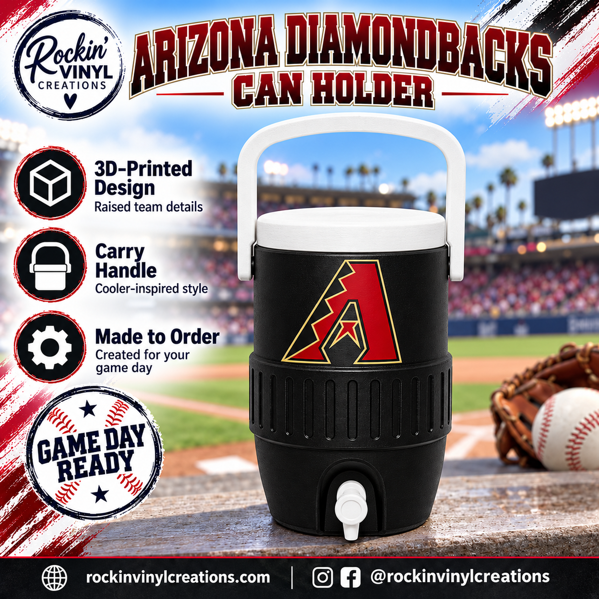 Arizona Diamondbacks 3D printed can holder with a baseball field background and product features