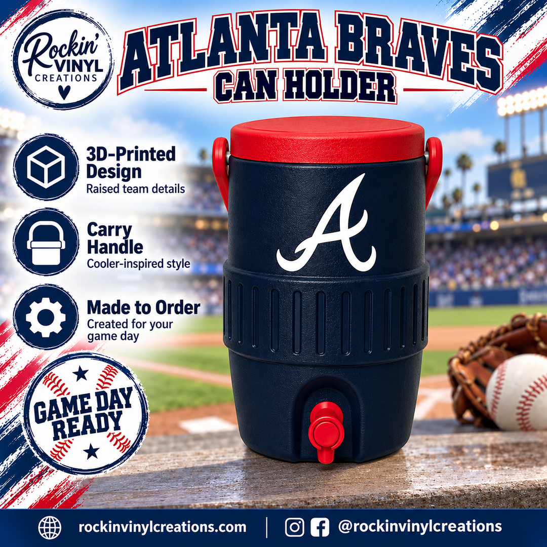 Atlanta Braves 3D printed can holder with a baseball field background and product features