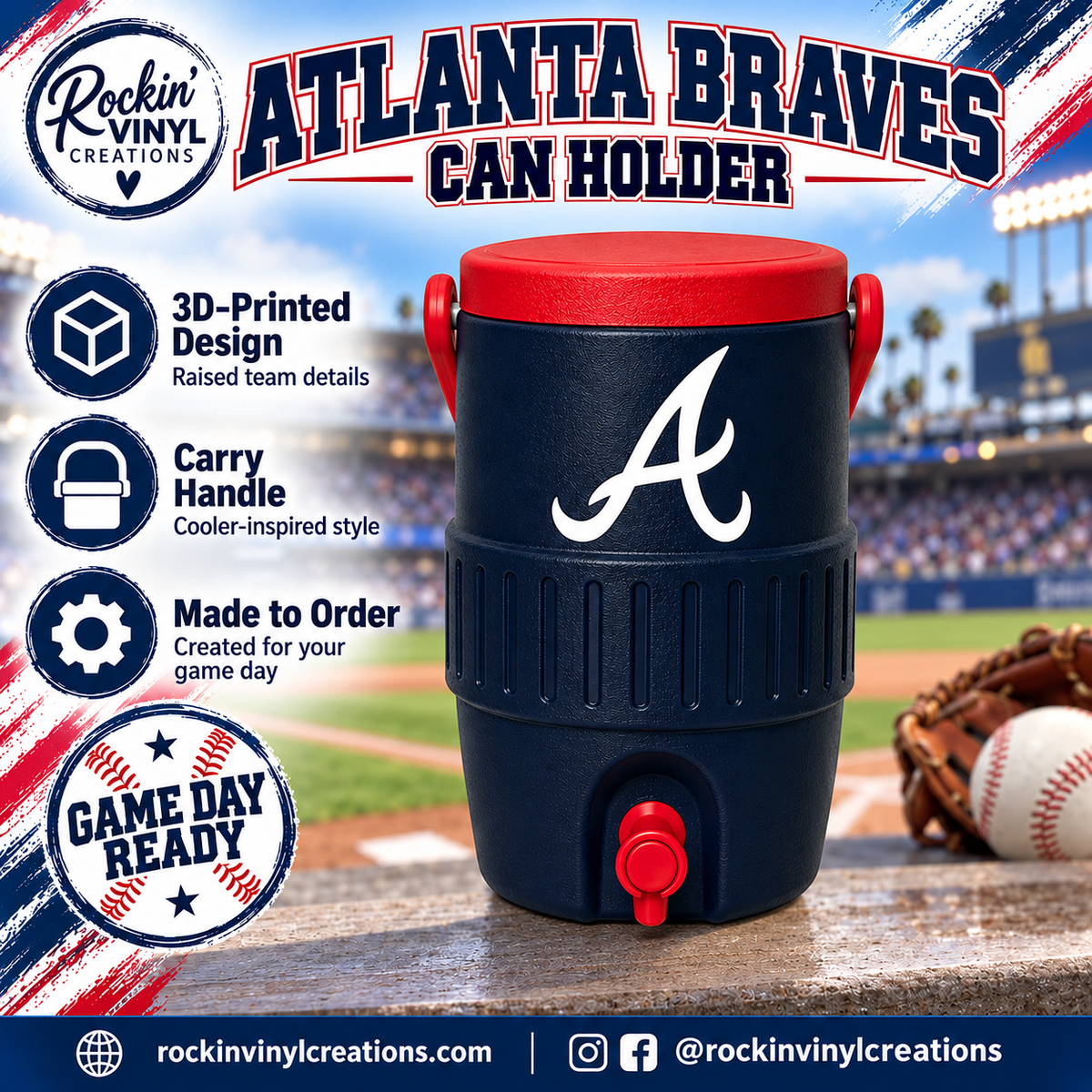 Atlanta Braves 3D printed can holder with a baseball field background and product features