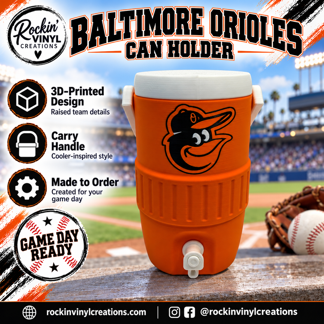 Baltimore Orioles 3D printed can holder with a baseball field background and product features