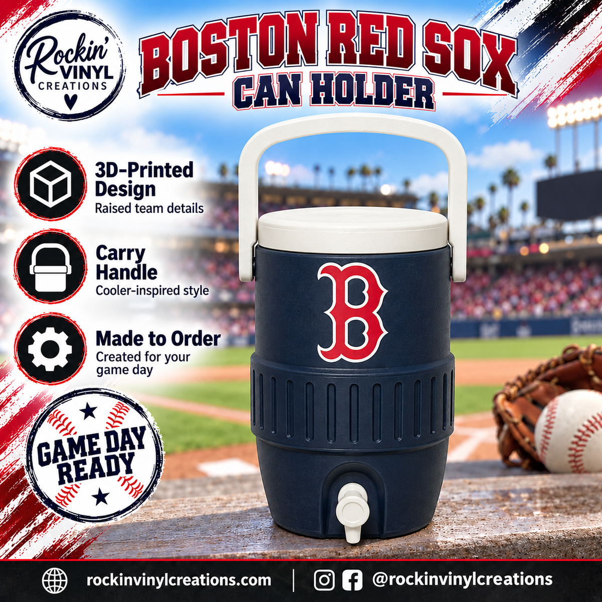 Boston Red Sox 3D printed can holder with a baseball field background and product features