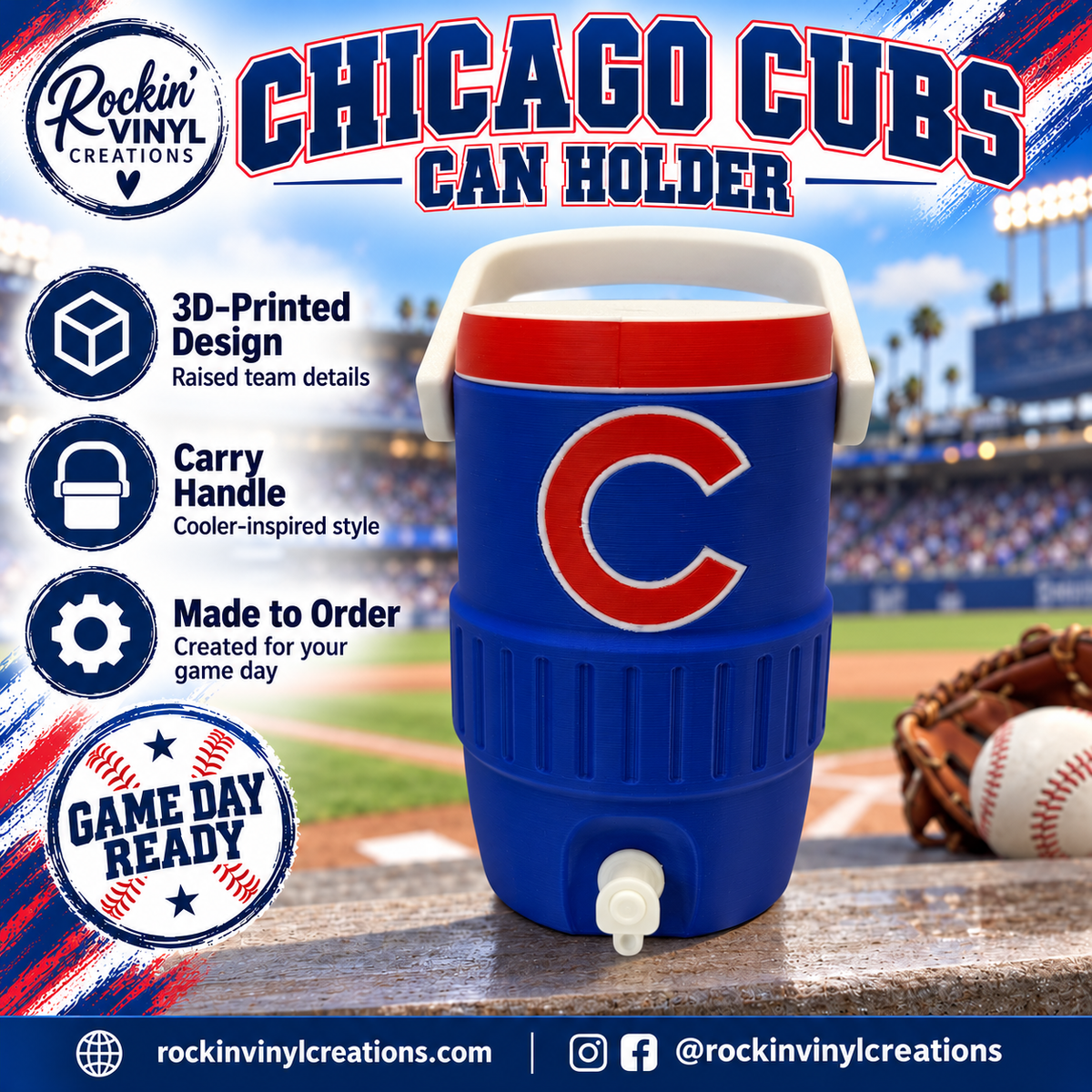 Chicago Cubs 3D printed can holder with a baseball field background and product features